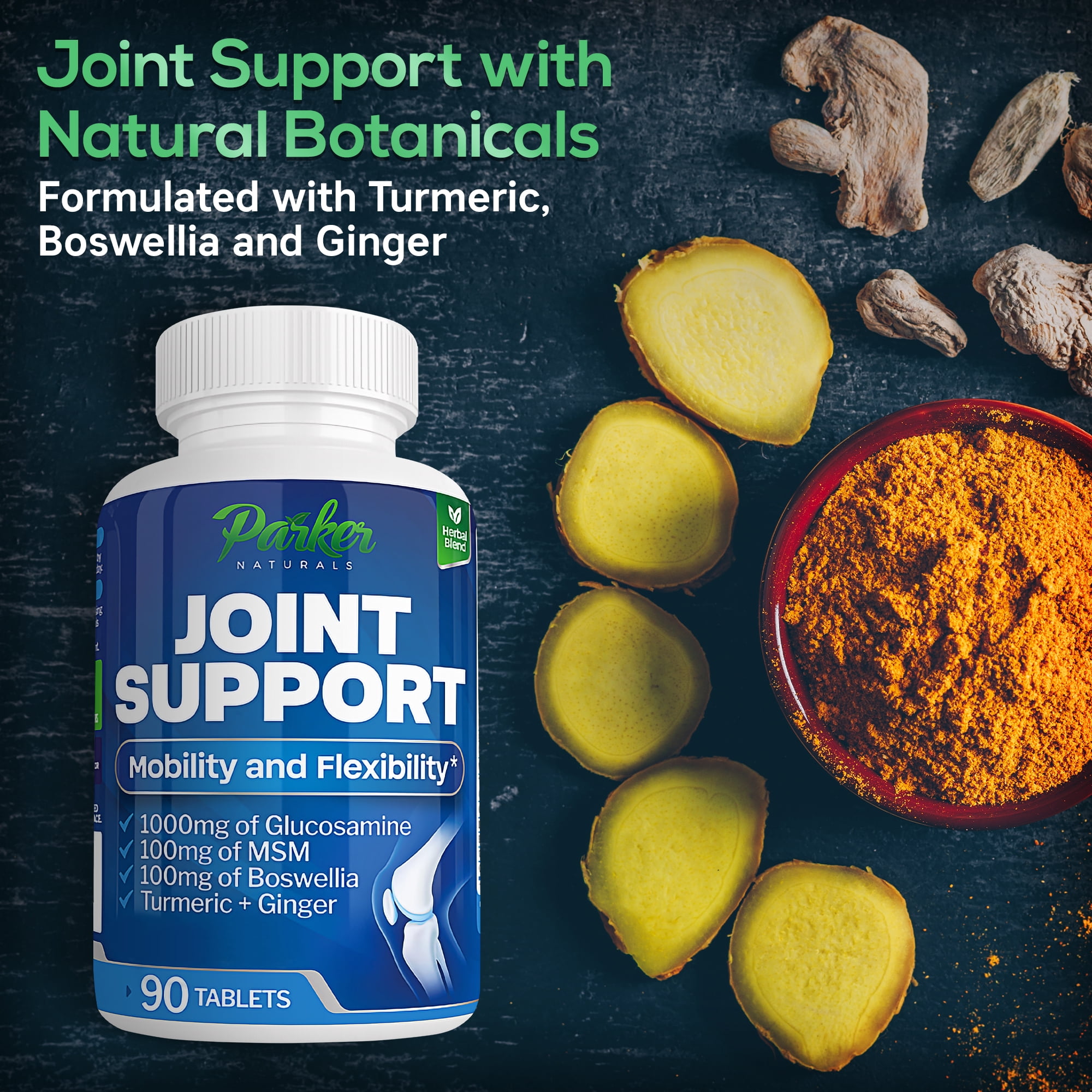 Parker Naturals Joint Support Supplement with Glucosamine, Chondroitin, Turmeric, MSM, and Boswellia for Joint Health, 90 Tablets