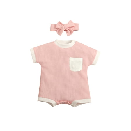 

Binpure Infant Baby Romper Patchwork Round Neck Short Sleeve Waffle Bodysuit