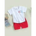 thumbnail image 3 of Wassery Toddler Baby Girls Boys 4th of July Outfits Letter Print Short Sleeve Crew Neck T-Shirts and Solid Color Casual Elastic Shorts 2Pcs Set 0-18M My First Independence Day 0-4T, 3 of 8