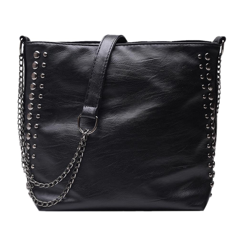 Women Punk Rivets Chain PU Leather Large Ladies Foldable Shoulder Handbag Bag 