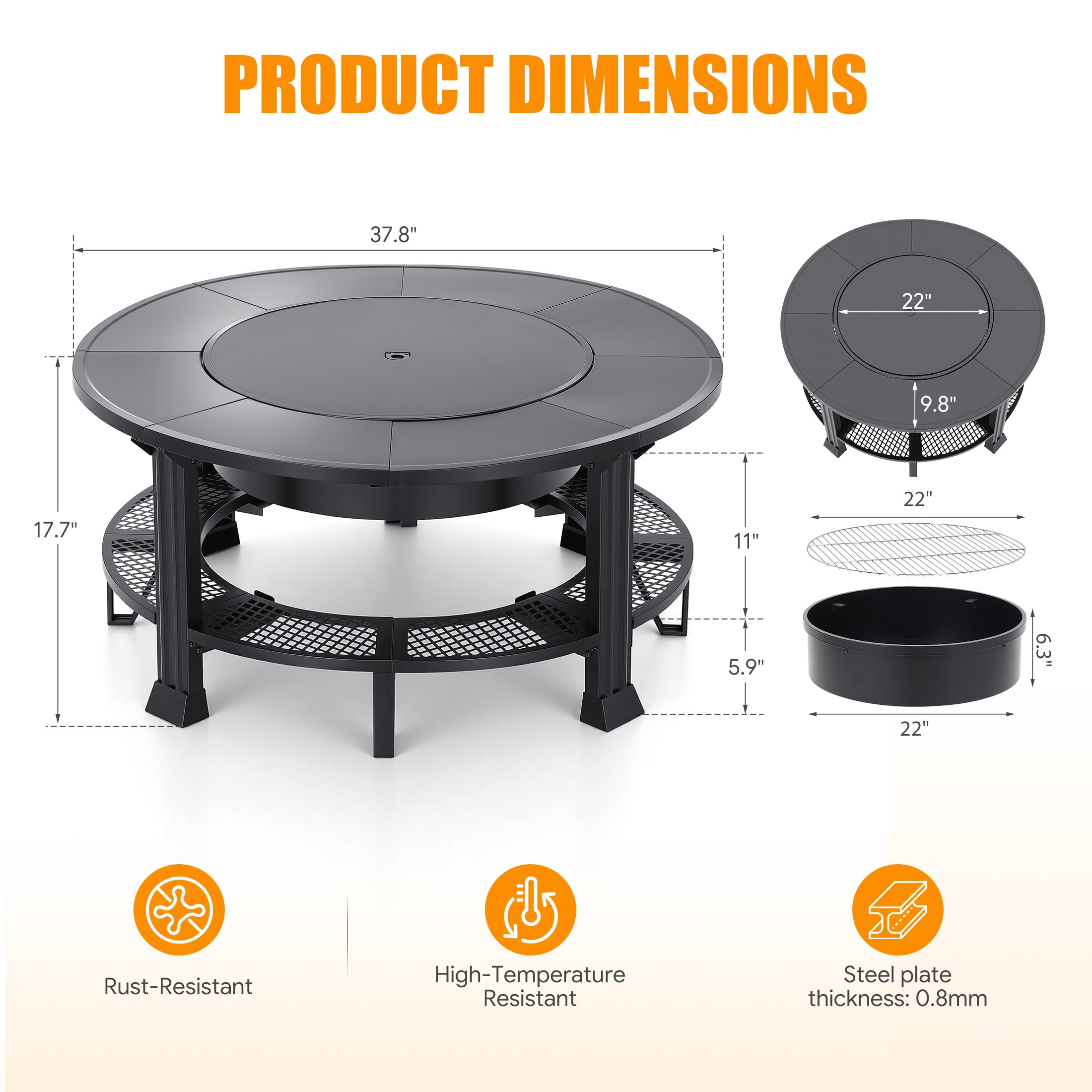 Outdoor Fire Pit, SHINPT 38” Round Wood Burning Fire Pit Table, Outdoor Patio Bowl with Grill Grate, Spark Screen Lid, Poker Tool and Waterproof Cover, for Patio, Backyard, Garden and Camping