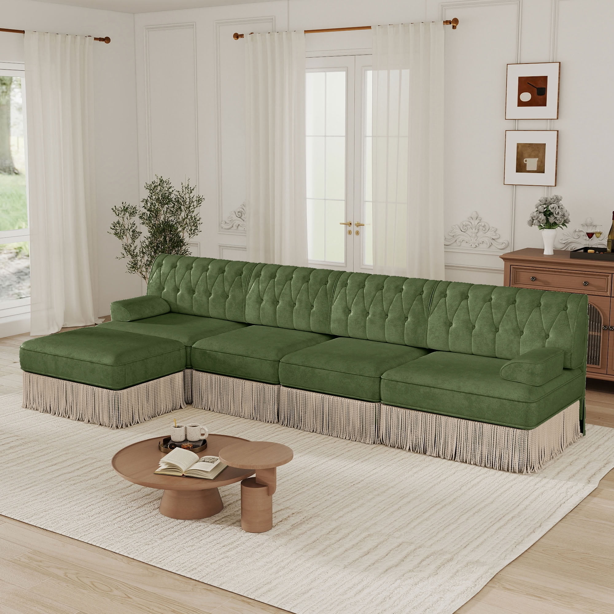 MAYEERTY 135 Inch L-Shaped Sectional Sofa, Pet Friendly Chesterfield Modular Couch with Ottoman, Wooden Base for Living Room Bedroom Rest Area