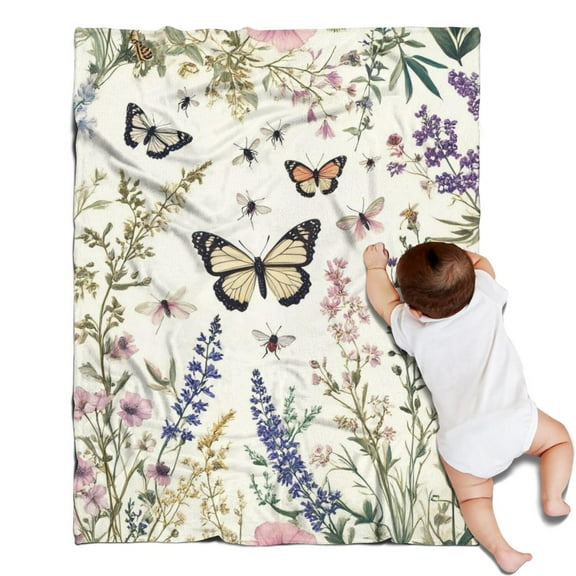 Pioneer Flower and Butterfly Blanket,Comfortable Soft Flannel Throw Blanket,All Season,Warm Lightweight Blankets for Sofa Bed Couch Living Room Chair,30"x40"(80x100cm)
