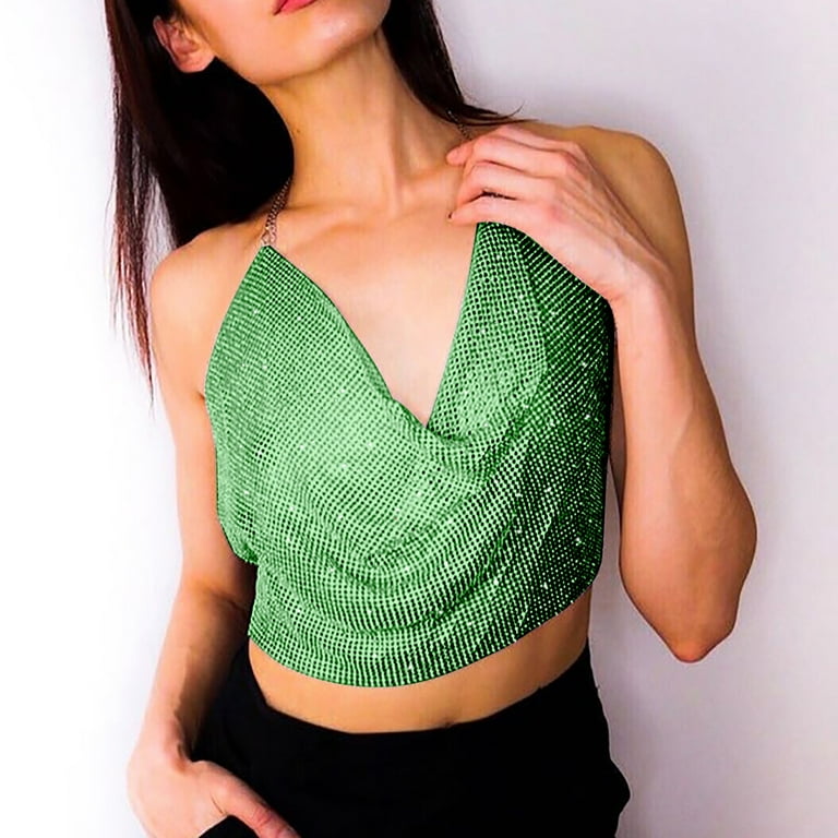Women Shiny Rhinestone Halter Top Tank Top Sexy Halter Neck