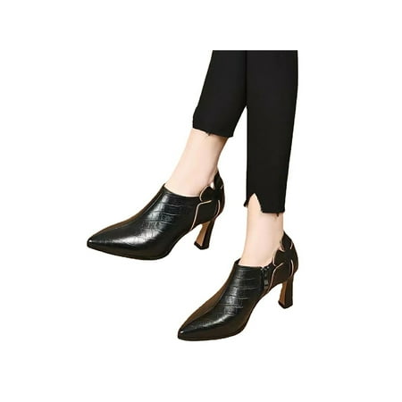 

Wazshop Women Dress Shoes Block Heel High Heels Pointed Toe Pumps Side Zip Comfort Booties Womens Flower Design Black 4.5