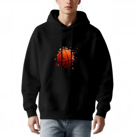 Men's Long Sleeve Hoodie Pullover Sweatshirt with Pockets - Black with Breaking Basketball Graphic Design
