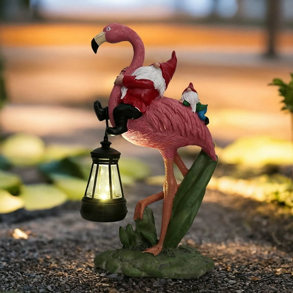 Unique Garden Gnomes Statue for Outside, Dwarf Riding Flamingo Garden Decors, Solar Pink Flamingos Funny Lawn Decorations Yard Art, Flamingo Gifts for Women