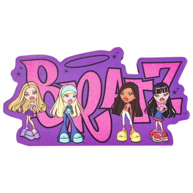Cartel de pared plateado con purpurina con los personajes y el logotipo de Buffalo Bratz