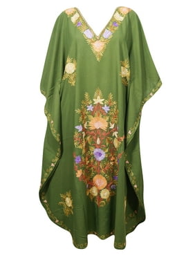 Mogul Women's Green Beautiful Floral Caftan Kimono Sleeves V Neck Cover Up Maxi Dress