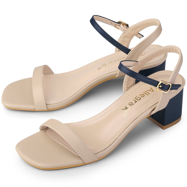 Sandalias De Tacón Grueso Correa De Tobillo Punta Cuadrada Para Mujeres Beige 36