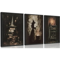 Vintage Halloween Witch Wall Art Dark Academia Witch Hat on Books Witchcraft Spells Wall Decor Gothic Melancholy Skull Poster Print Artwork for Halloween Party Living Room Home（Only canvas）