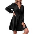 thumbnail image 4 of STARVNC Women Swiss Dot V Neck Smocked Waist Puff Long Sleeve Mini Dress, 4 of 7