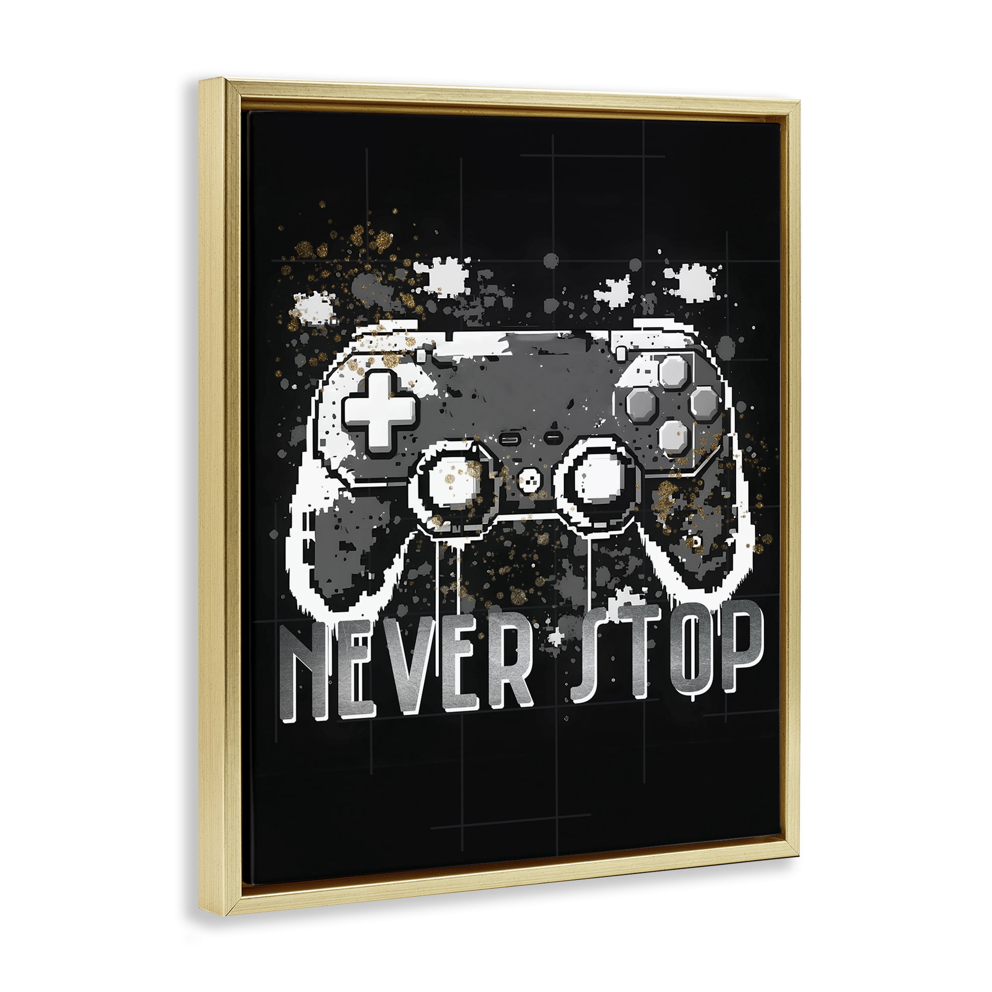 Stupell Industries Never Stop Game Controller Entertainment Painting Gold Floater Framed Canvas Art Print Wall Art, 17 x 21