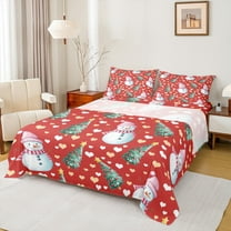 Feelyou Kawaii Snowman Kids Twin Sheet Sets, Green Christmas Tree Twin Fitted Sheet, Cartoon Love Heart Flat Sheet, Microfiber Bedroom Decor, 3-Piece
