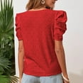 thumbnail image 2 of Camiseta con cuello redondo para mujer, manga corta abombada, Jacquard hueco, Color puro, holgada, camiseta de verano, color rojo XL, 2 of 7