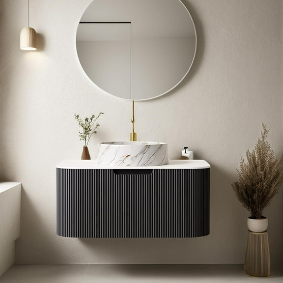 30 Inch Floating Bathroom Vanity with Sink, Natural Solid Wood Modern Bathroom Vanities with Ultra-Thin Marble Sink and Countertop, Soft-Close Design, Pre-Assembled, Black