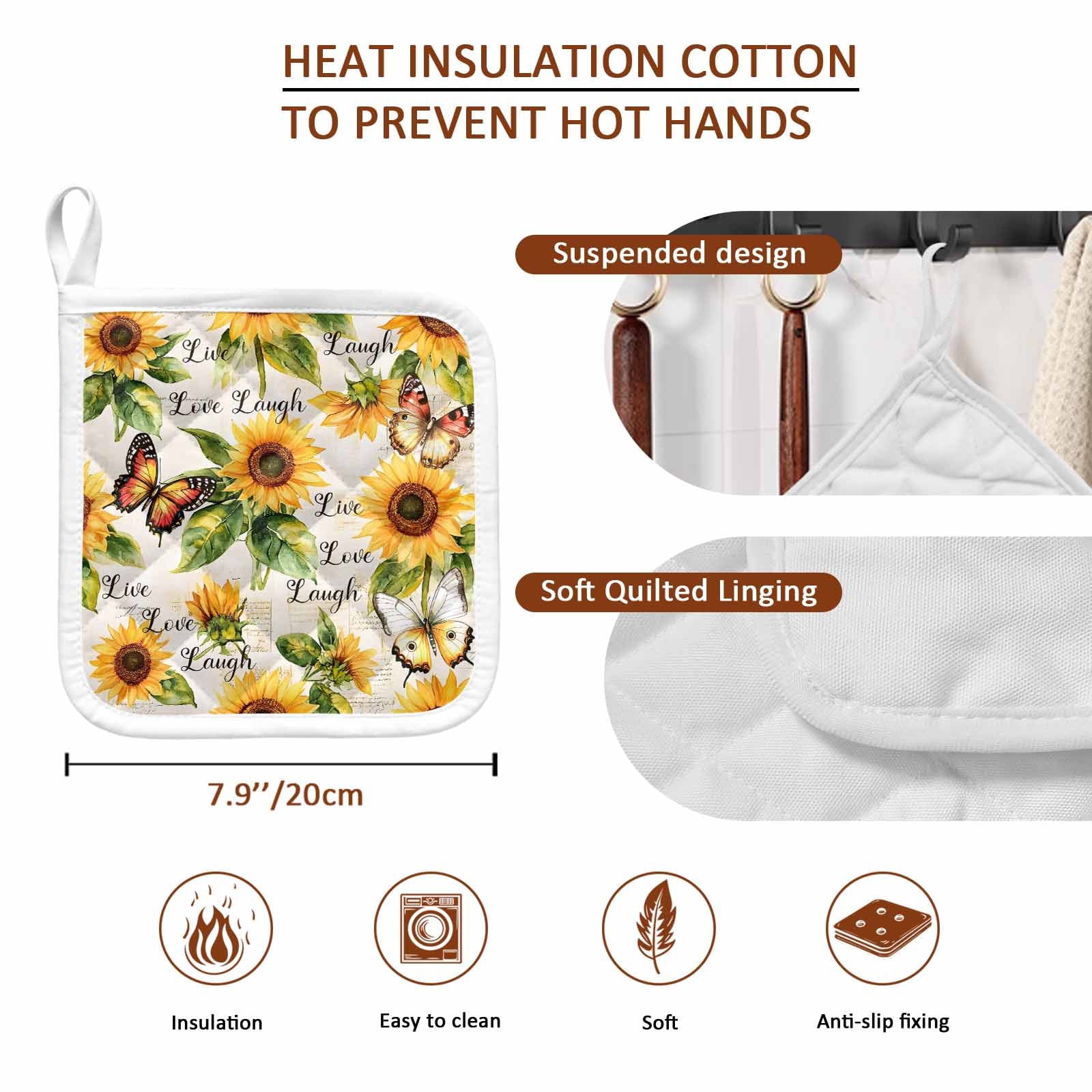 Sunflower Pot Holders for Kitchen Heatproof Potholder, 4 Pack Summer Botanical Vintage Spring Floral Butterfly Hot Pads Multipurpose Oven Pads Cloth Potholders Trivet for Cooking and Baking