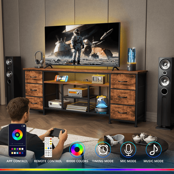 Tydimor Modern TV Stand for 65-70 inch TVs, LED Entertainment Center with Power Outlets and 6 Drawers, Media Console with Storage for Living Room, Rustic Brown