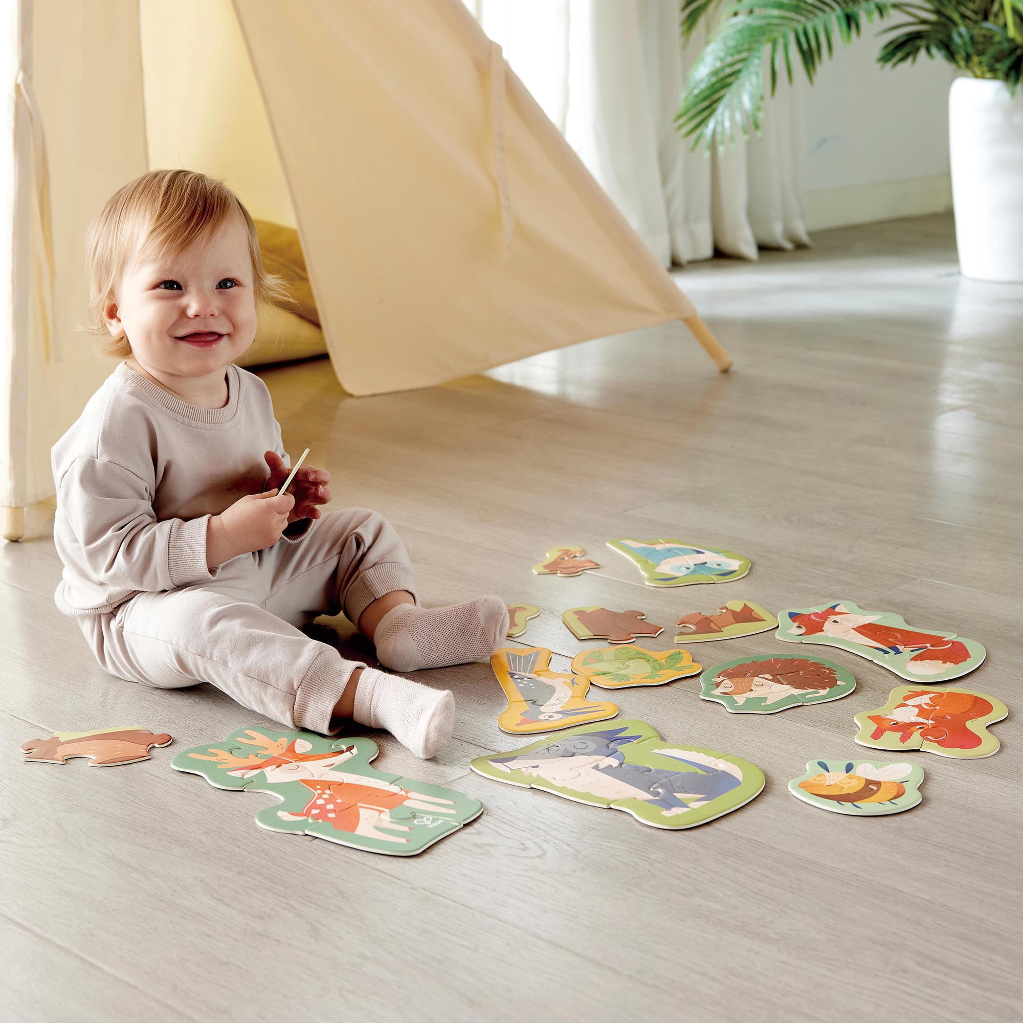 Hape: Woodland Friends Puzzle - 10 Mini Animal Shaped Puzzles, 2-6 Oversized Pieces Each, Colorful Design, Preschool Toy, Toddlers & Kids Ages 18mo+