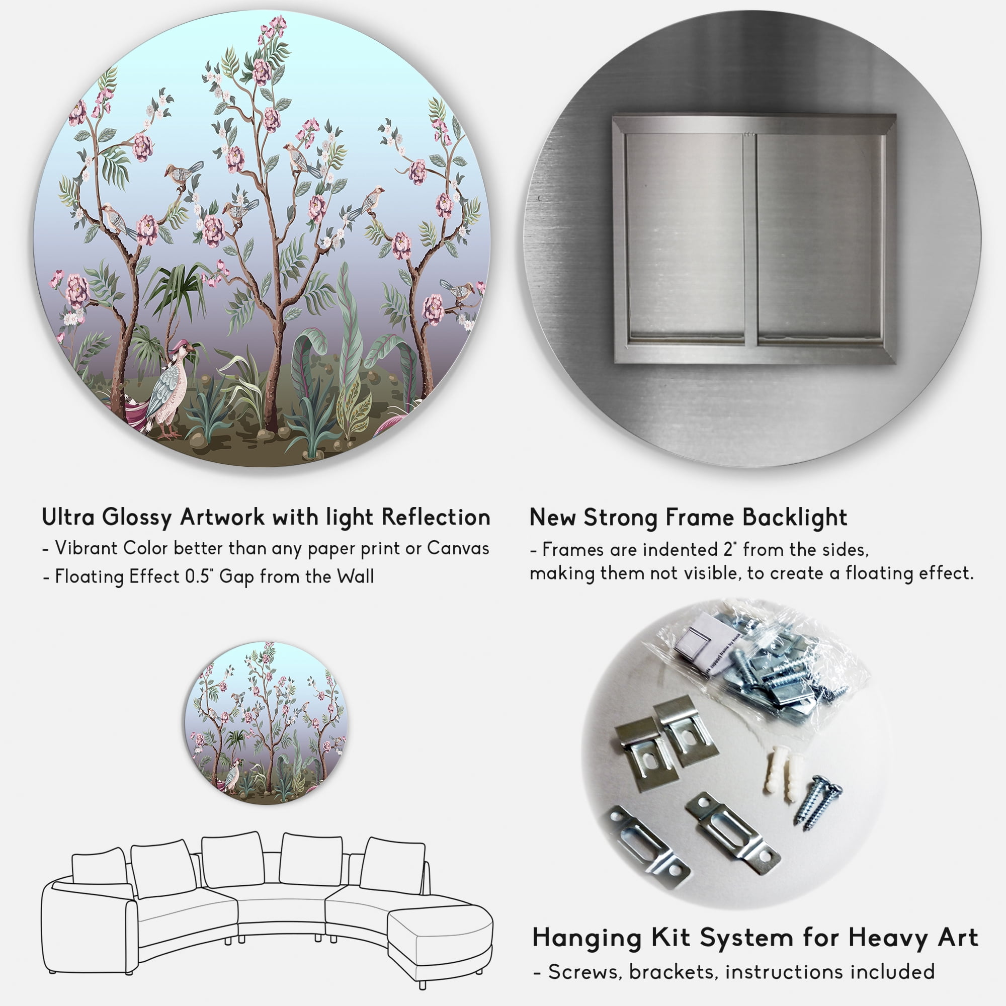 Designart 'Chinoiserie With Peonies and Birds II' Traditional Circle Metal Wall Art 29x29 - Disc of 29