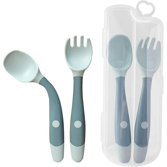 cucharas y tenedores de entrenamiento para la alimentación infantil, vajilla de aprendizaje para niños (azul)