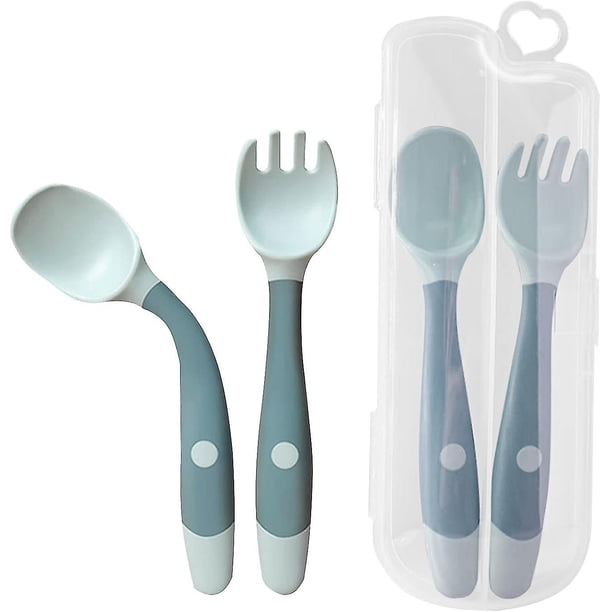 cucharas y tenedores de entrenamiento para la alimentación infantil, vajilla de aprendizaje para niños (azul)