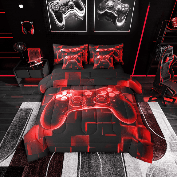 Erosebridal Boys 7Pcs Gamer King Size Comforter Sets,Gaming Bedding Comforter Set,Video Games Gamepad Bed In A Bag Neon Glowing Square Geometric Grid Red Bed Sets With Comforter And Sheets