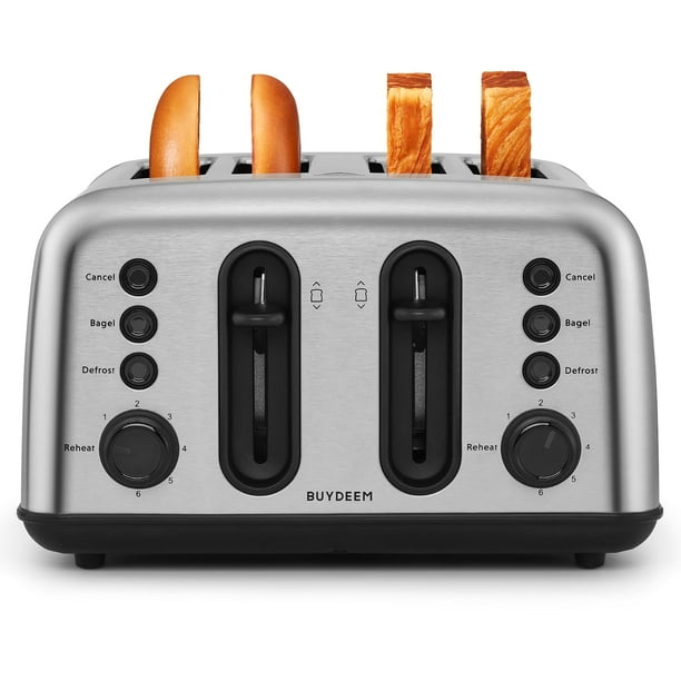 BUYDEEM DT440 Tostadora de 4 rebanadas, Tostadora de acero inoxidable con ranuras extra anchas para bagels, muffins, palanca de elevación alta, 6 configuraciones de sombra, plateado retro