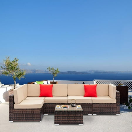 Ktaxon 6 PCS Outdoor Rattan Wicker Sofa Sectional Furniture Set Patio Garden Backyard with Beige Cushions