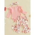 thumbnail image 3 of Suealasg 3Pcs Baby Girl Fall Outfits Set Long Sleeve Ribbed Romper + Floral Print Flare Pants + Headband Set 3 6 12 18 Months Infant Girl Spring Clothes, 3 of 7