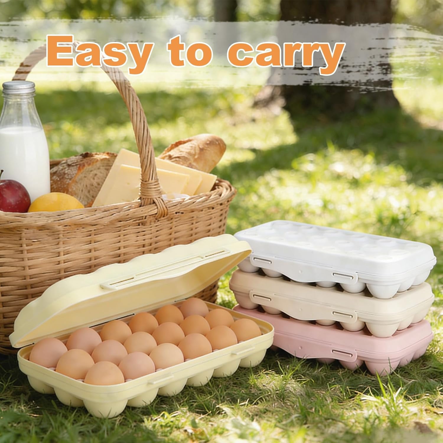 ABPETE Large Capacity Outdoor Egg Holder, Plastic Egg Fresh Carrier Egg Storage Container Organizer Box for Fridge, Stackable Camping Egg Holder for Home Picnic Hiking Travel, 18 Eggs Tray Beige