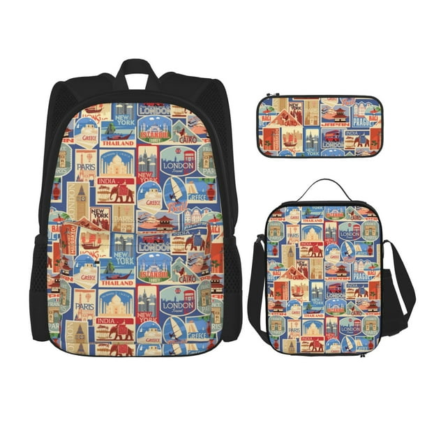 Disketp Set Of Travel Vintage Mochila Estampada de Gran Capacidad con Lonchera y Estuche, Set de 3 Piezas para Estudiantes