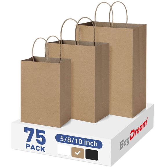 BagDream 75 Pack Brown Kraft Paper Bags with Handles 5x3x8, 8x4.25x10, 10x5x13 Assorted Sizes Paper Gift Bags for Shopping, Weeding, Birthday, Party Favor, Retail Merchandise Bags