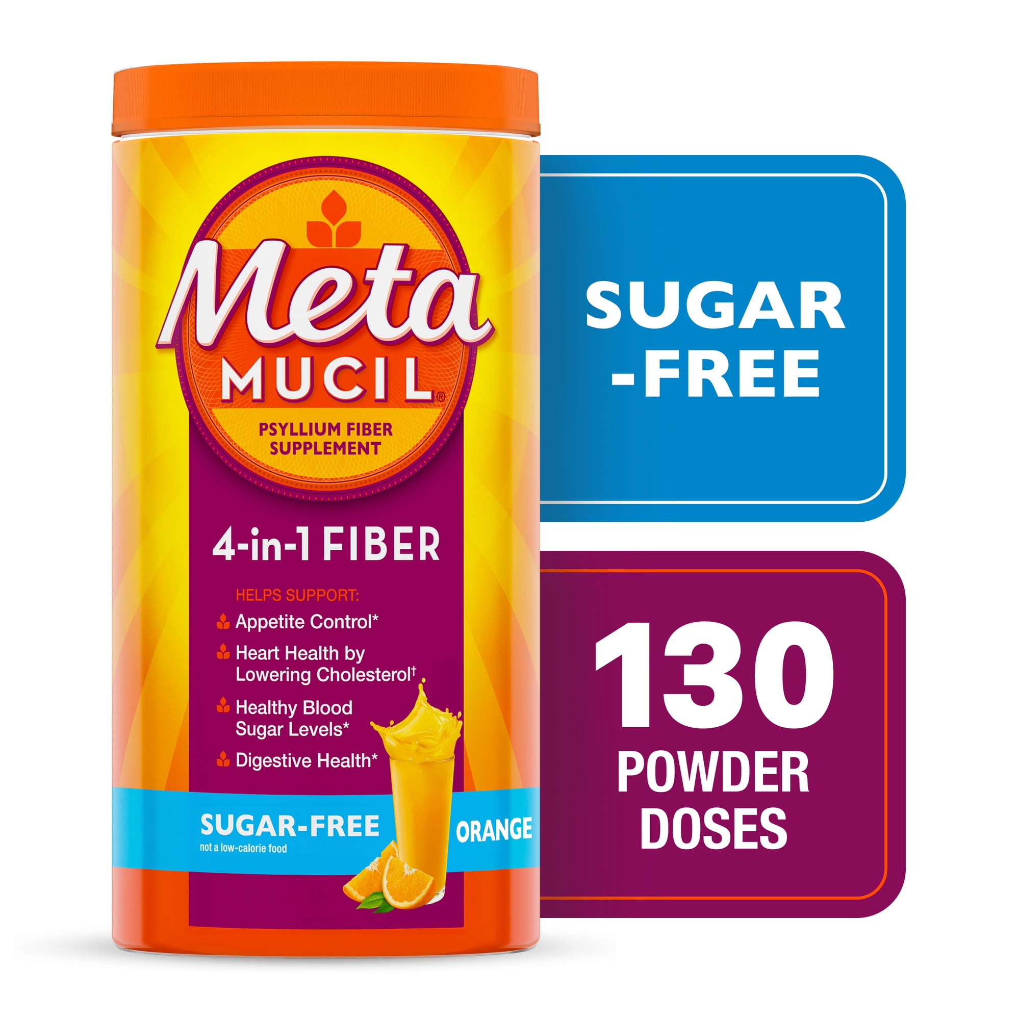 Metamucil GLP-1 Friendly Psyllium Fiber Powder, Sugar-Free, Orange, 130 tsp