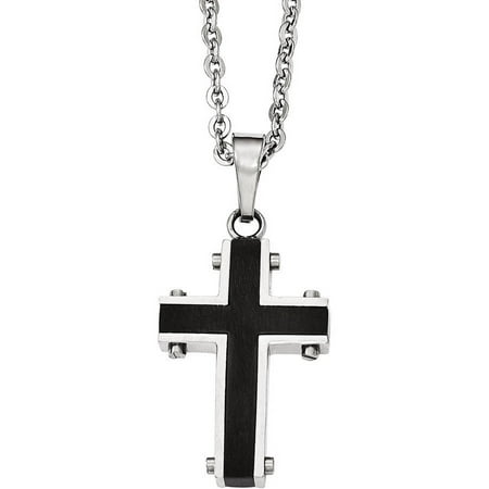 Primal Steel Stainless Steel Polished Black IP-Plated Cross Necklace, 22