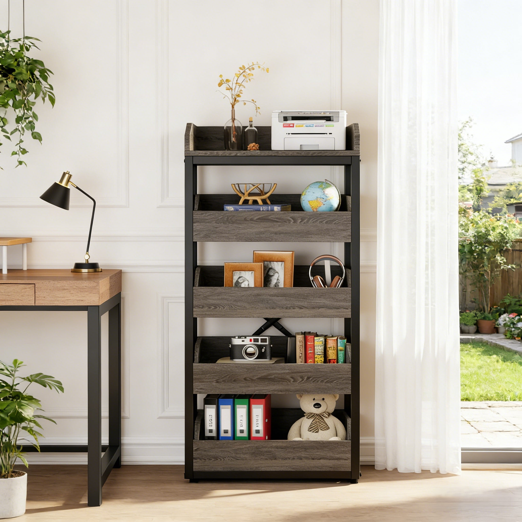 Fnova 46" 5-Tier Wood Storage Rack, Pull-Out Snack Stand Fruit Vegetable Basket Stand, Shelf Organizer with Heavy-Duty Metal Frame for Kitchen, Living Room, Bedroom