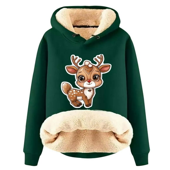 Fashionable Autumn And Winter Christmas Deer Print Plus Velvet Thickened Warm Solid Color Color Cardigan Women's Hooded Sweatshirt Drawstring Hoodie Winter Hoodies for Women Womens Long Z Green XXXXXL