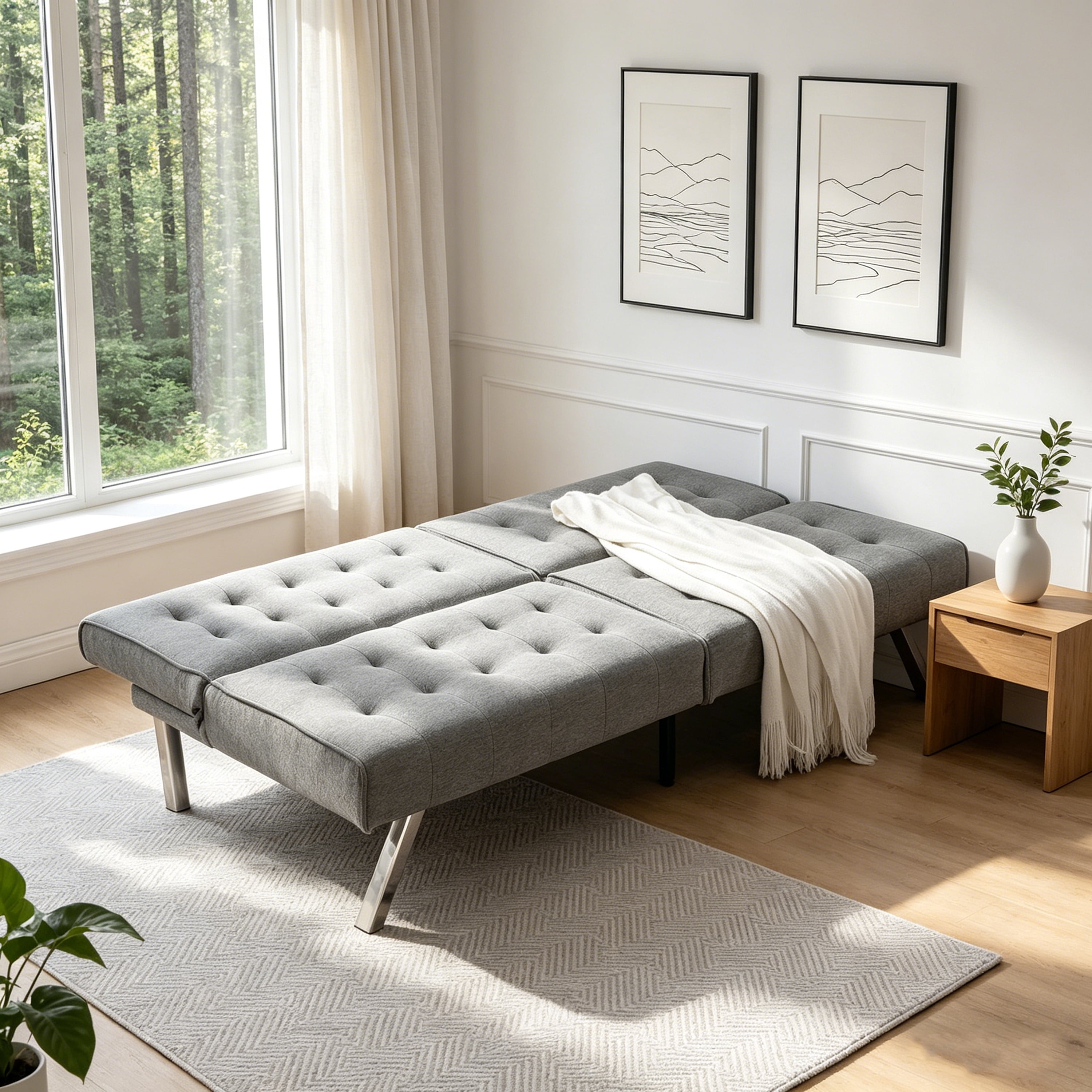 ASINMAK Convertible Sofa Bed Adjustable Couch Sleeper - Fabric Loveseat Futon Bed with Breathable Chenille, Metal Legs, and Adjustable Lounge - Perfect for Compact Living Space - Gray