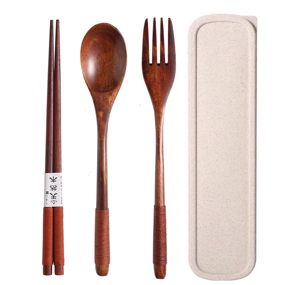 FUSSWIND Wooden Utensils for Eating Reusable Wooden Bamboo Cutlery Set with Case 3 Pcs Travel