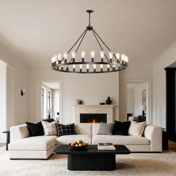 Newest 53” Farmhouse 30-Light Wagon Wheel Chandelier, Black Iron for Grand Living Room & High Ceilings