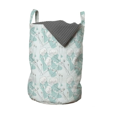 Floral Laundry Bag, Flower Type Branches Garden Art Contour Nature Ornate Mint, Hamper Basket with Handles Drawstring Closure for Laundromats, 13" x 19", White Grey Teal, by Ambesonne