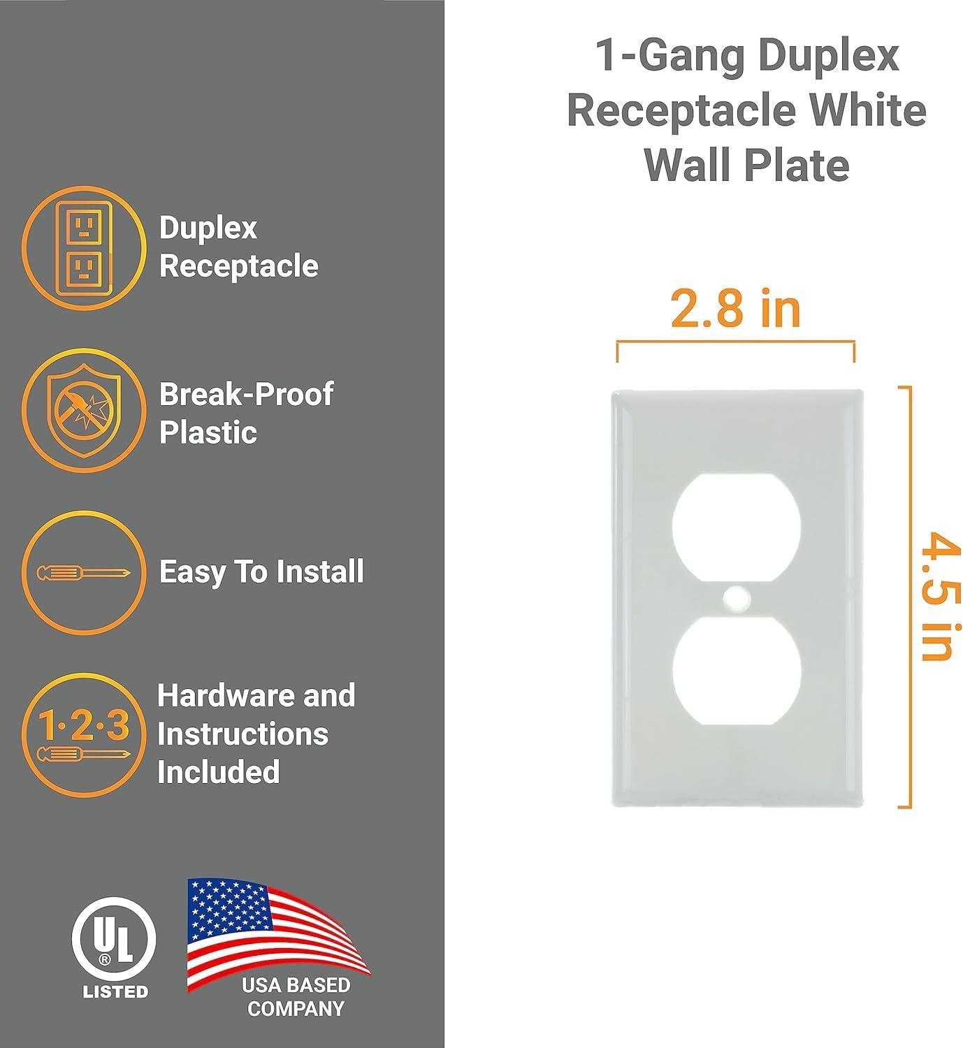 Diodesy- Pack of 12 E211W 1-Gang Duplex Receptacle Wall Plate with Metal Screws, Electrical Switch Outlet Covers, Unbreakable White Gloss Finish, Smooth Rounded Edge, Plastic Plug Covers, UL Listed