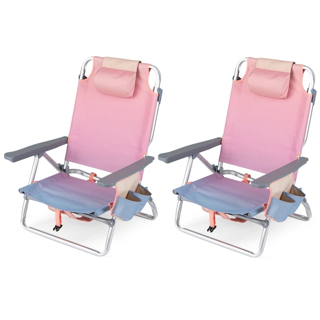 Costway 2PCS Beach Chairs with 5-Position Backrest & Padded Headrest, Cup Holder & Ice Bag Gradient Pink
