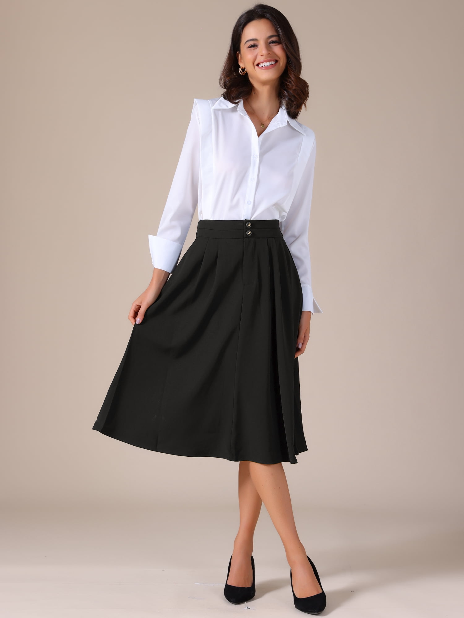 DARING DIVA Women's Flowy A-Line Business Work Skirt with Pockets X-Large Black