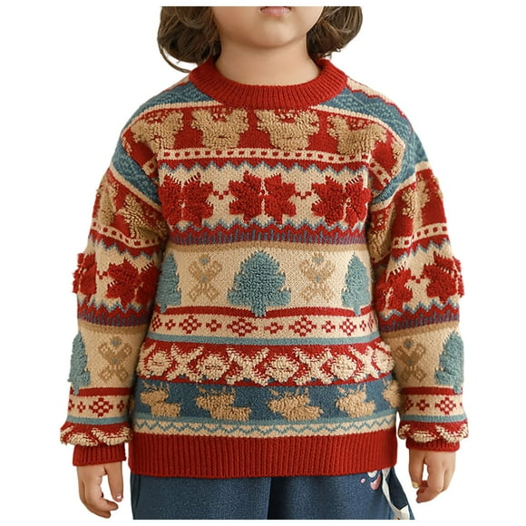 Splozh Toddler Christmas Sweater Girls' Jacquard Sweater Winter New Children's Fashionable Round Neck Warm Knit Sweater Trendy Red,5-6 Years