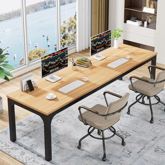 Tribesigns Industrial 78.7 in Double Computer Desk with Adjustable Foot Pads, Oak