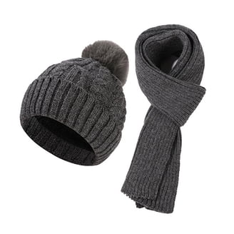 Black Knit Pom-Pom Hat and Plaid Scarf Set Women main image 2