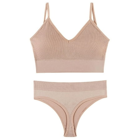 

Women Wheel-Free Bra and Thong Set Rib Underwear High Cut Panties M Light Pink