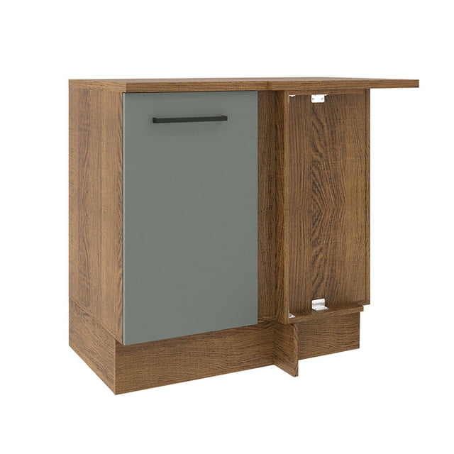gabinete bajo cocina madesa agata 94cm con encimera bg Mueble bajo de esquina modular Ágata de Madesa, vista frontal 3/4 con estructura blanco y puerta gris, tirador horizontal negro, zócalo removible y pies PVC regulables; un estante interno, bisagras metálicas con amortiguación e incluye dos encimeras Rustic; montaje reversible; medidas 84×94×55 cm. También suele usarse como módulo auxiliar para organizar pequeños electrodomésticos.
