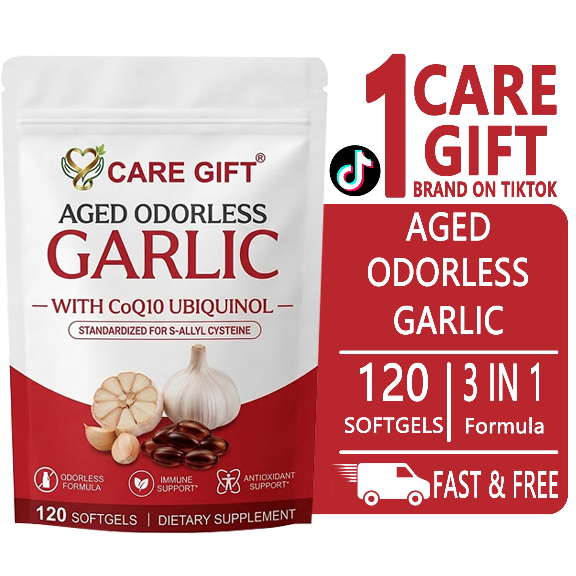 Care Gift Aged Odorless Garlic Supplement with CoQ10 Ubiquinol, S-Allyl Cysteine, Antioxidant & Immune Support, 120 Softgels